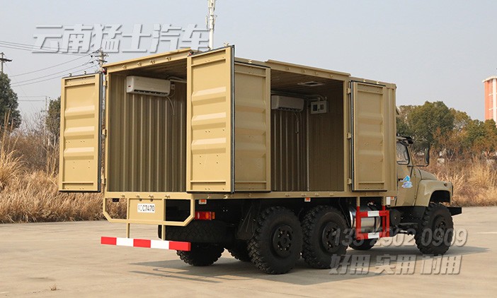 EQ2100越野厢卡,东风6*6厢式车,六驱尖头卡车,多用途越野专用车,户外移动办公车,移动方舱车,野外露营车,瓦楞板厢式车